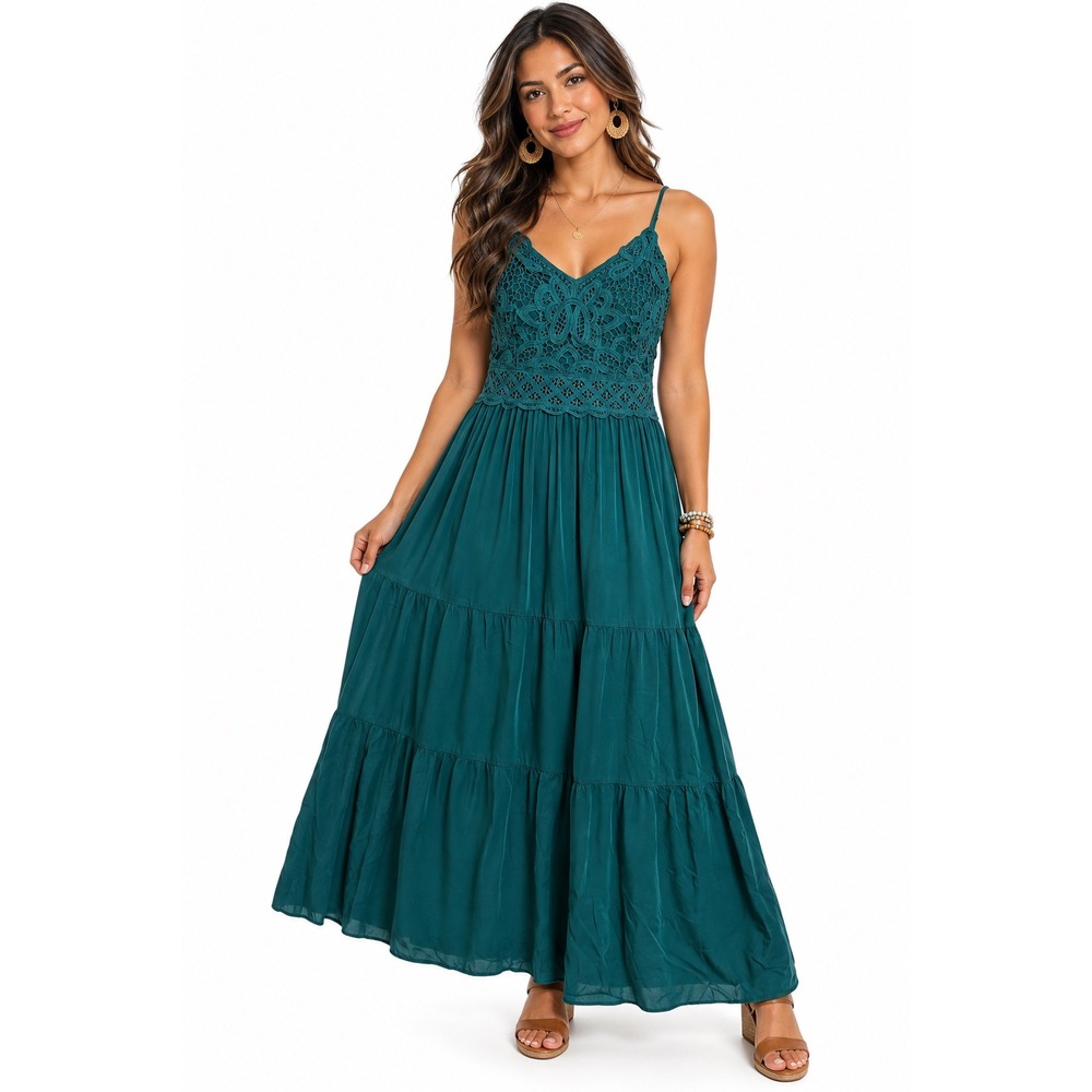 Teal Green Crochet Lace Tiered Maxi Dress Smocked Back S Festival Peasant Boho
